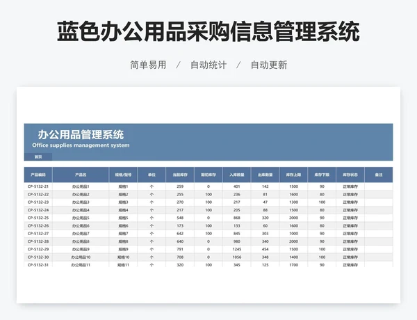 蓝色办公用品采购信息管理系统