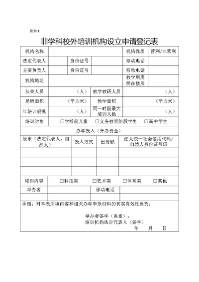 内蒙古非学科校外培训机构设立申请登记表、从业人员明细表、培训材料备案表、设立核准书