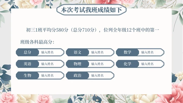 蓝色水彩花卉初三期末家长会带内容PPT模板