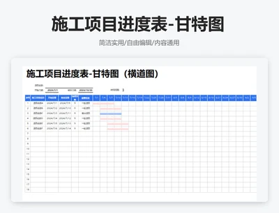 简约蓝色施工项目进度表-甘特图（横道图）