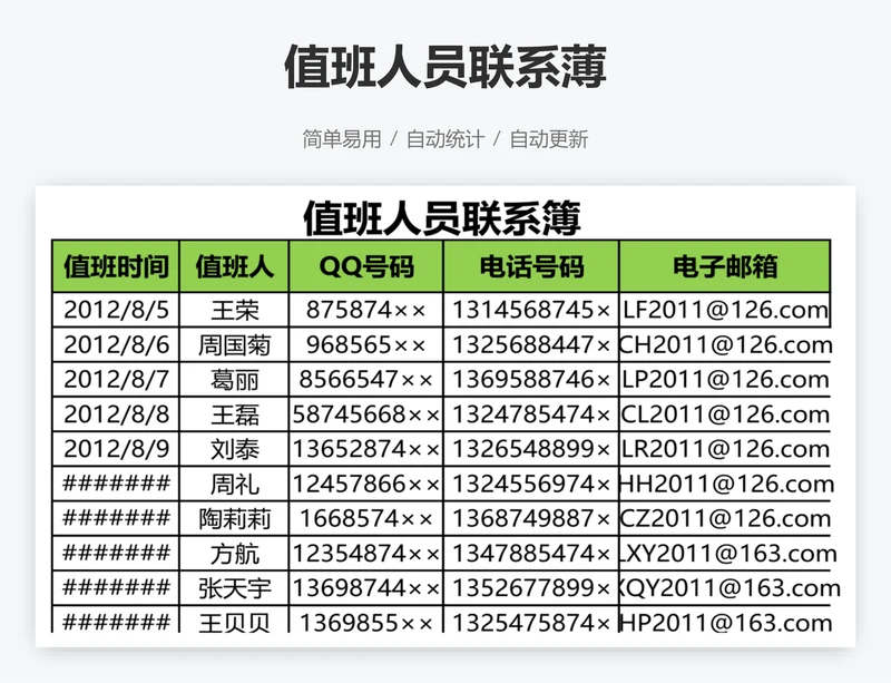 值班人员联系薄