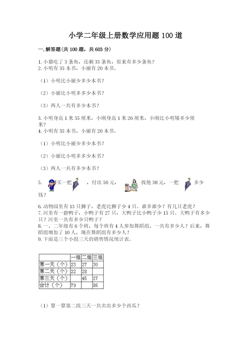 小学二年级上册数学应用题100道带精品答案.docx