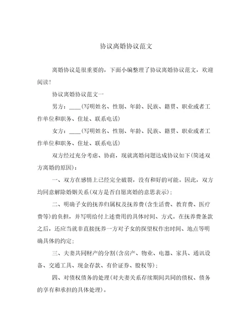 协议离婚协议范文