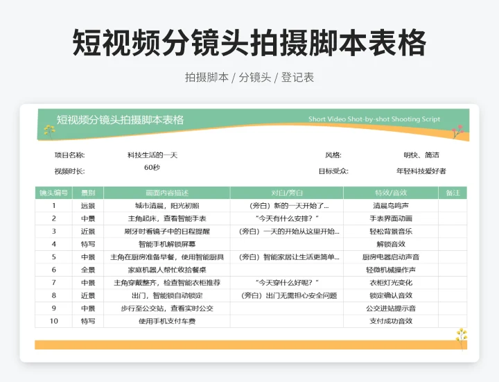 短视频分镜头拍摄脚本表格