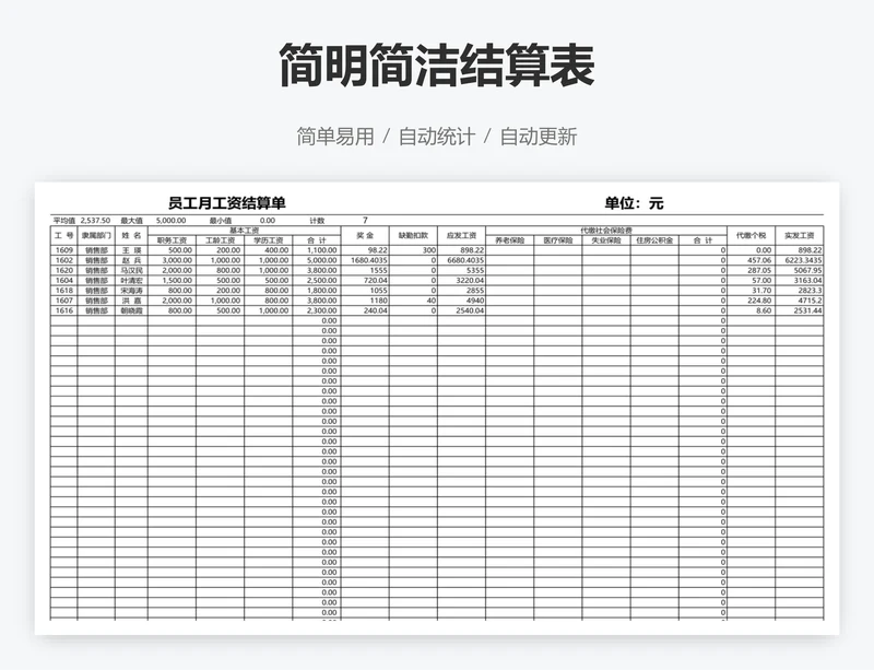 简明简洁结算表