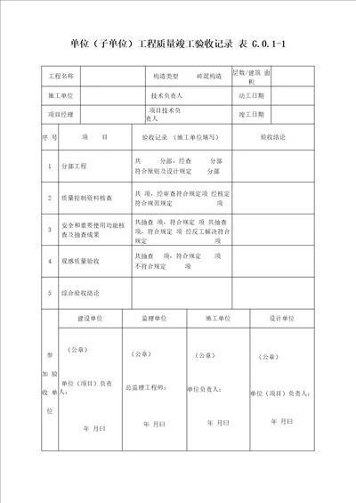 单位子单位关键工程质量竣工统一验收记录表