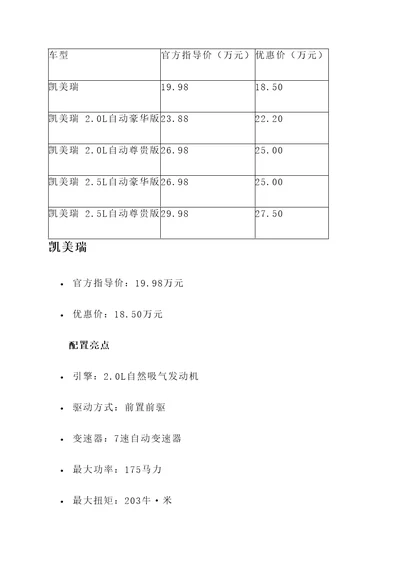 凯美瑞各个车型报价单