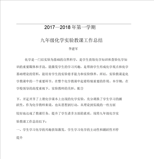 九年级化学实验教学工作总结