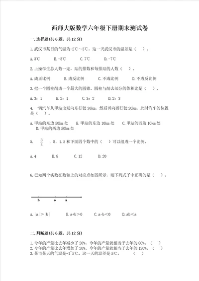 西师大版数学六年级下册期末测试卷（典优）word版