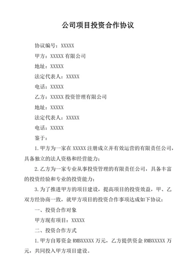 公司项目投资合作协议