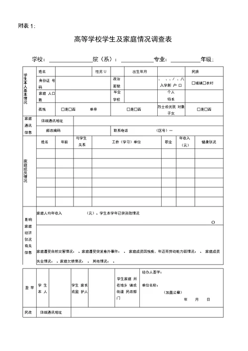 贫困生申请表格