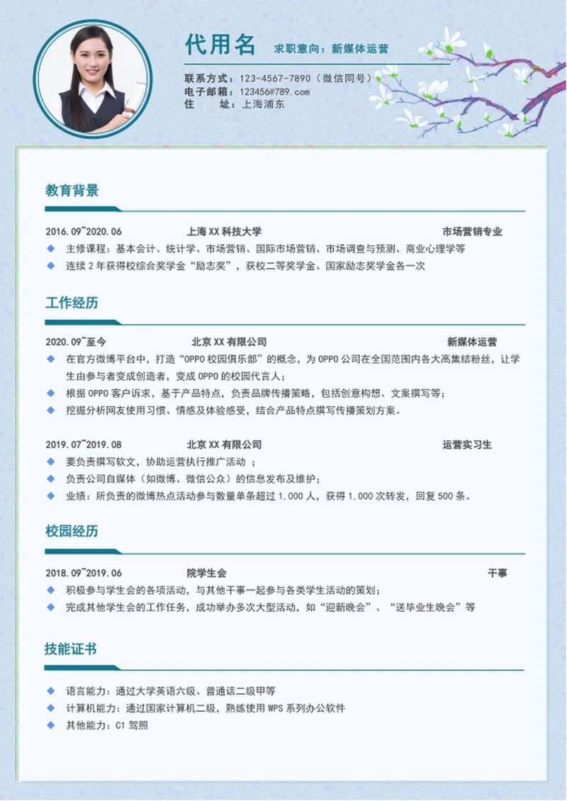 极简风新媒体运营个人简历模板word简历介绍