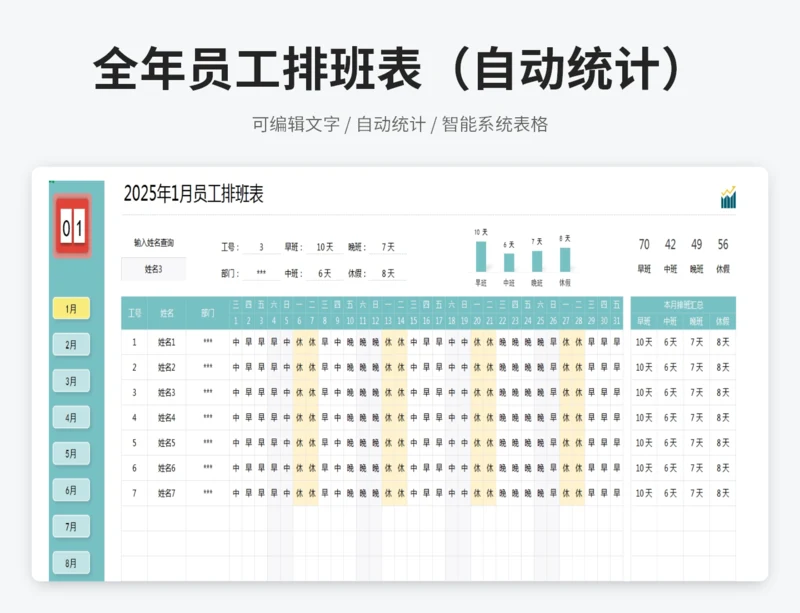 全年员工排班表（自动统计）