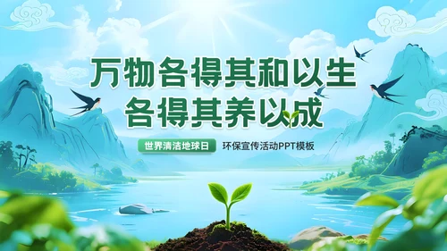 深绿色清新风世界清洁地球日环保宣传活动PPT模板