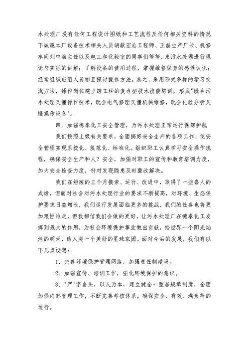 污水处理厂运行经理个人工作总结