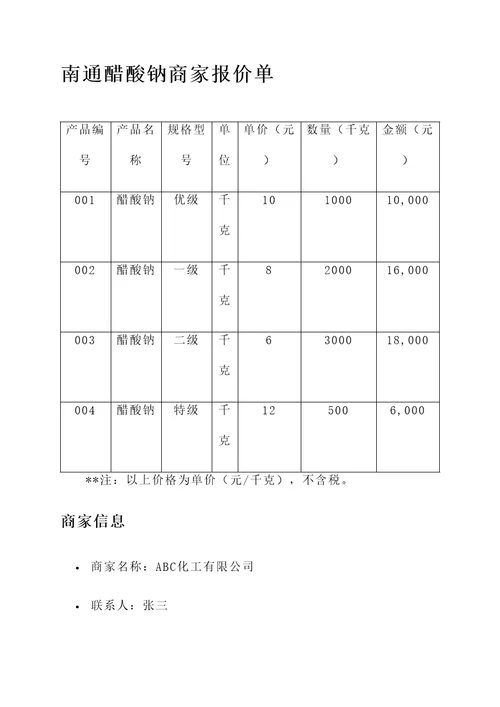 南通醋酸钠商家报价单