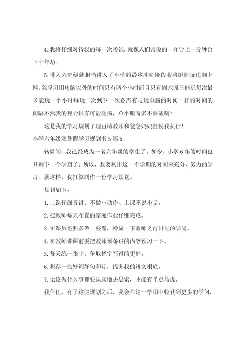 小学六年级寒暑假学习计划书5篇