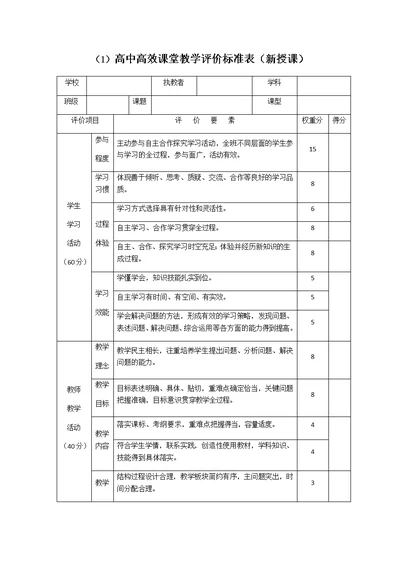 课堂教学评价表单