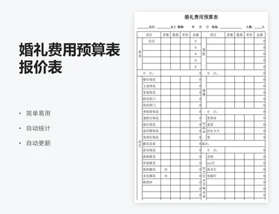 婚礼费用预算表报价表