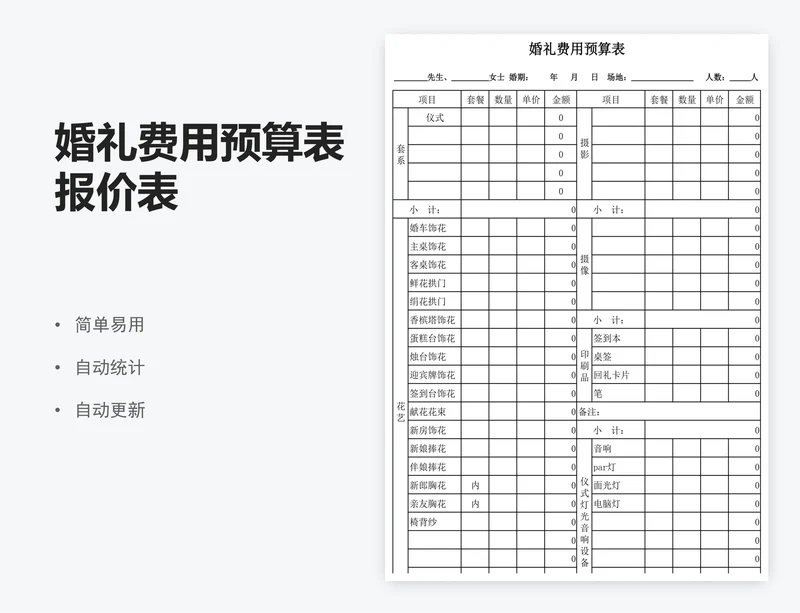 婚礼费用预算表报价表