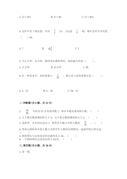 小学数学六年级上册期末测试卷及完整答案【有一套】.docx