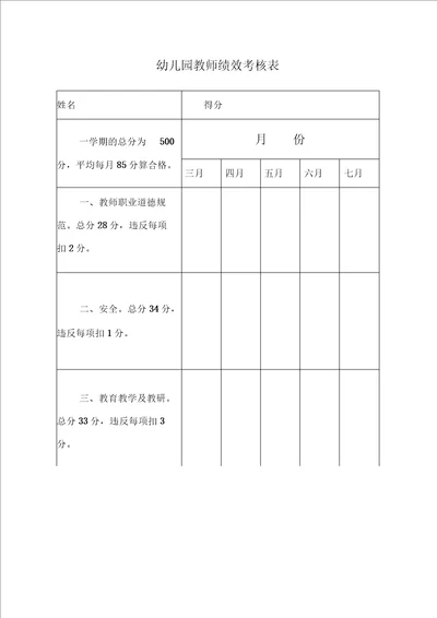 幼儿园教师绩效考核表