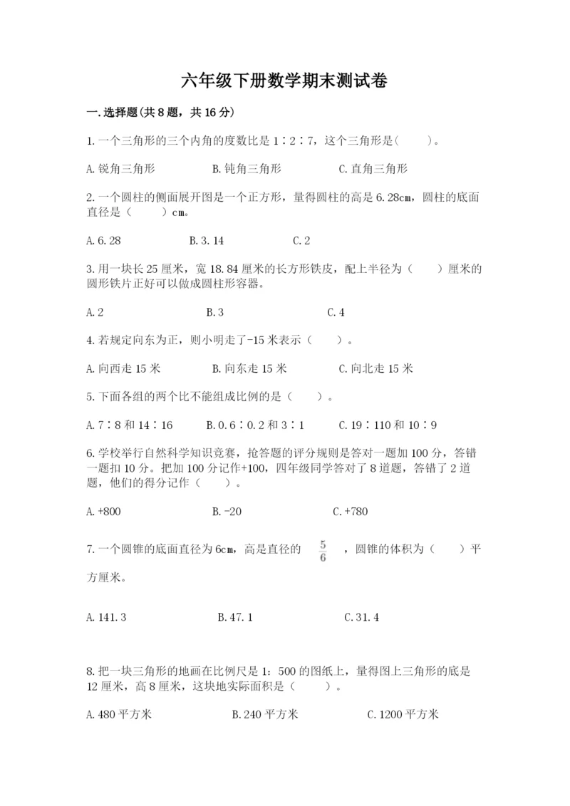 六年级下册数学期末测试卷含答案（能力提升）.docx