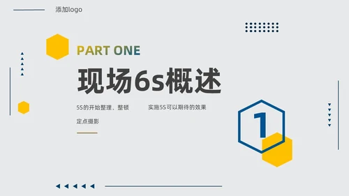 黄蓝双色简约几何现场6S和目视化改善安全教育PPT模板6S管理培训
