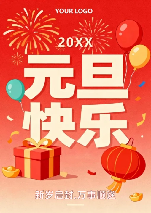 红色喜庆插画风元旦节祝福海报