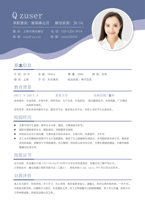 新媒体运营应届生校招简历