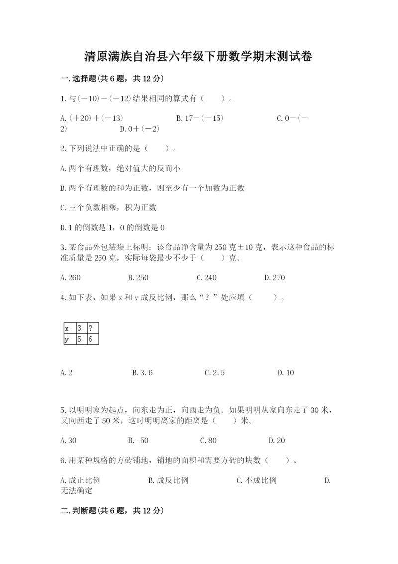 清原满族自治县六年级下册数学期末测试卷精品.docx