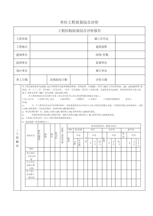 单位工程质量综合评价