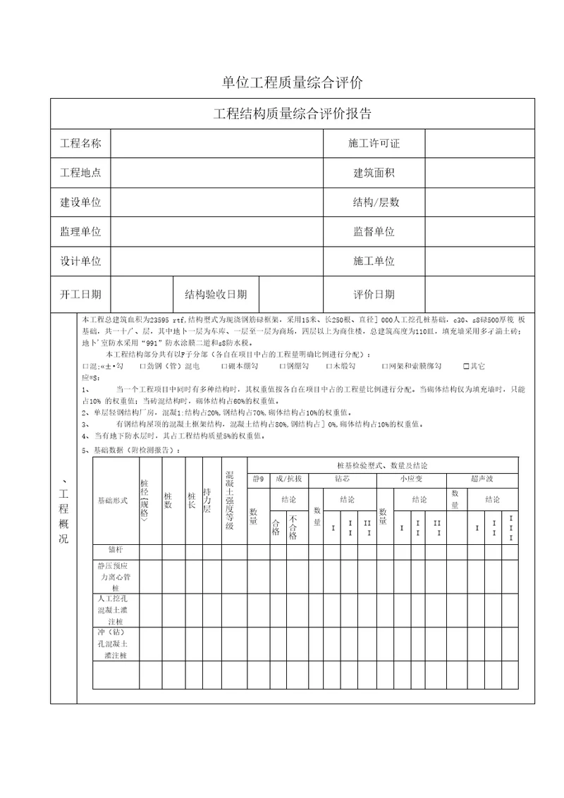 单位工程质量综合评价