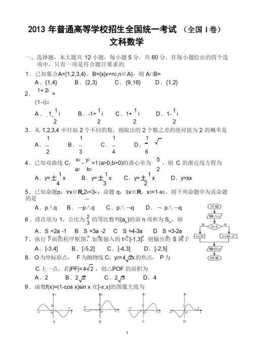 2013年高考全国1卷文科数学试题及答案(详细解析版,精校版).docx