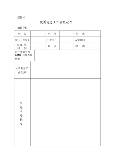 优秀党务工作者登记表