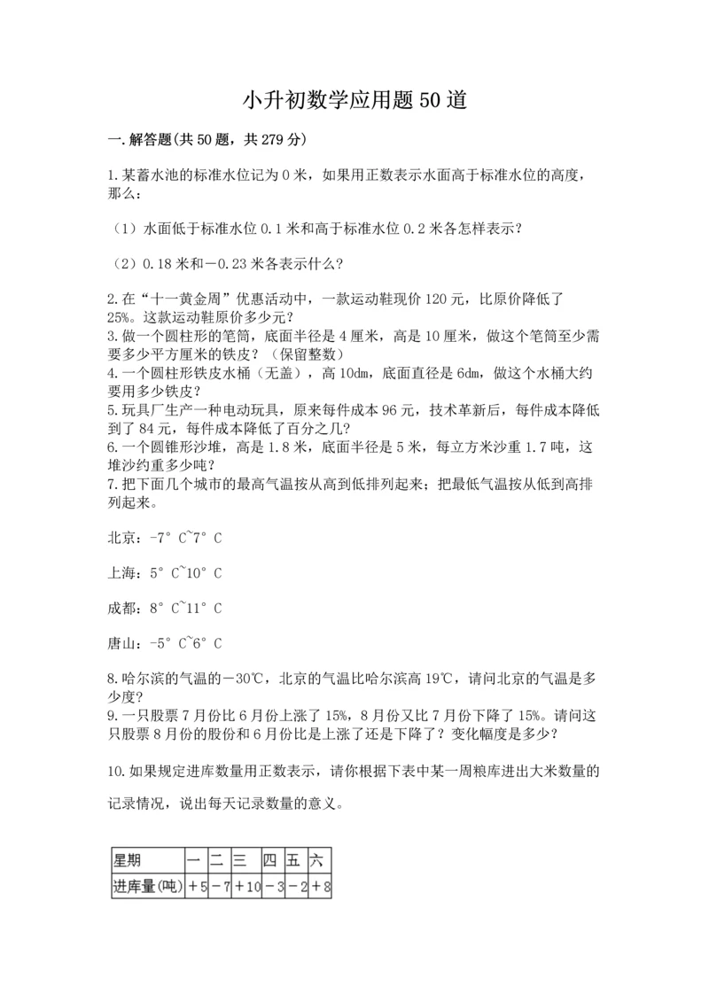 小升初数学应用题50道（名校卷）word版.docx