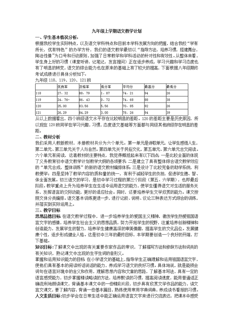 九年级上学期语文教学计划.