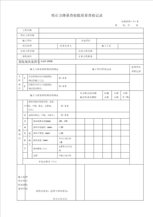 完整版城镇道路工程CJJ12008检验批质量检验记录表格