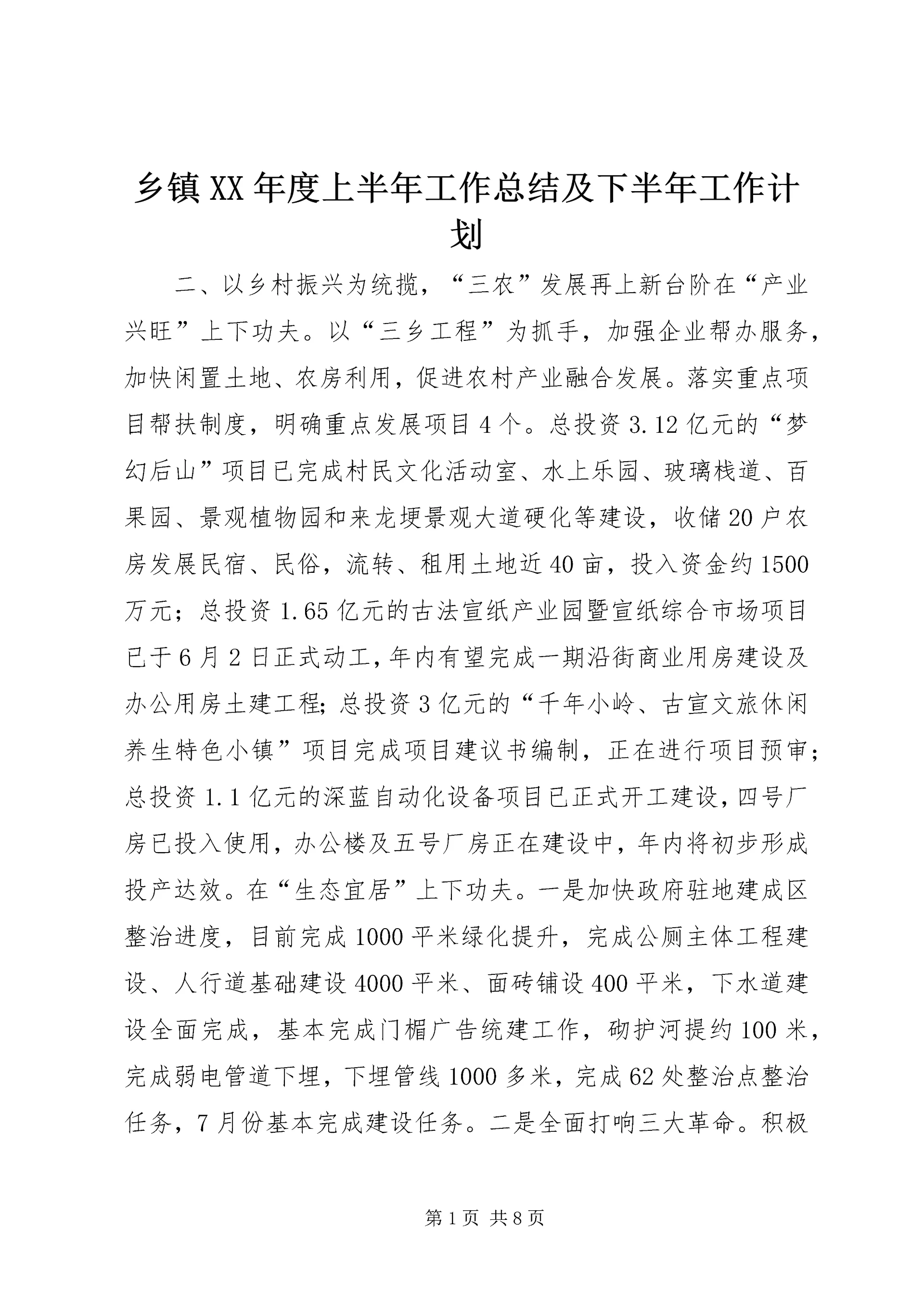 乡镇某年度上半年工作总结及下半年工作计划.docx