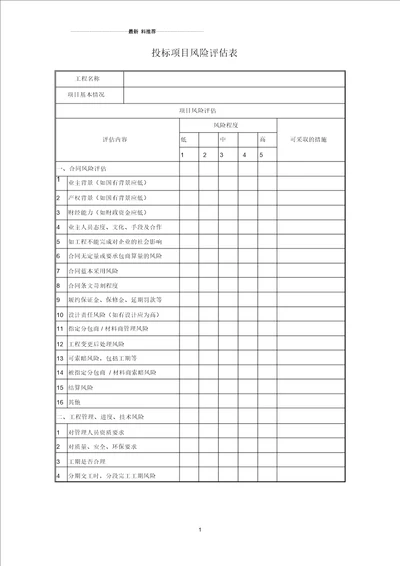 投标项目风险评估表