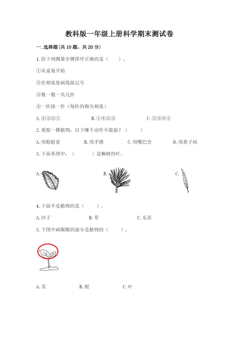 教科版一年级上册科学期末测试卷（中心小学）.docx