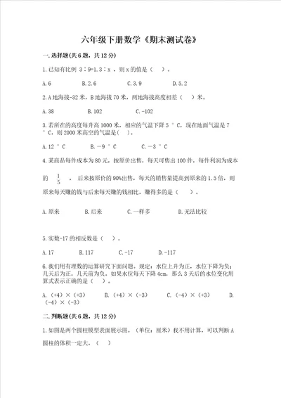 六年级下册数学期末测试卷附完整答案名师系列