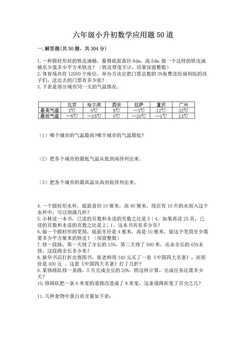 六年级小升初数学应用题50道含完整答案【有一套】.docx