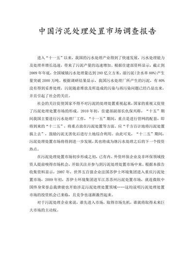 中国污泥处理处置市场调查报告