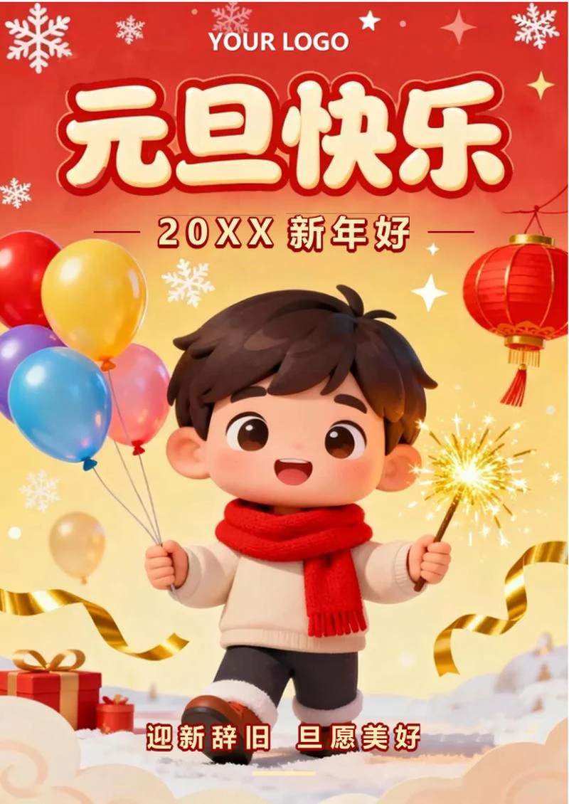 橙红色喜庆手绘插画风元旦节祝福海报