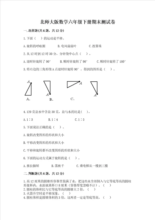 北师大版数学六年级下册期末测试卷精品精选题