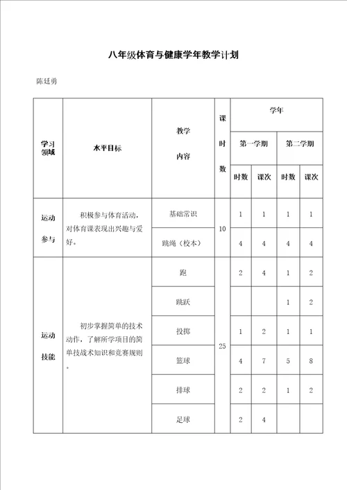 八年级体育与健康学年教学计划