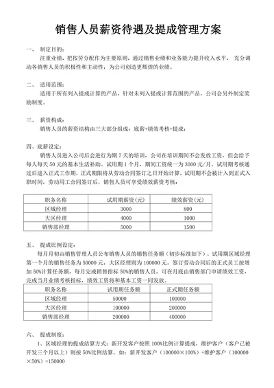 销售人员薪资待遇及提成管理方案