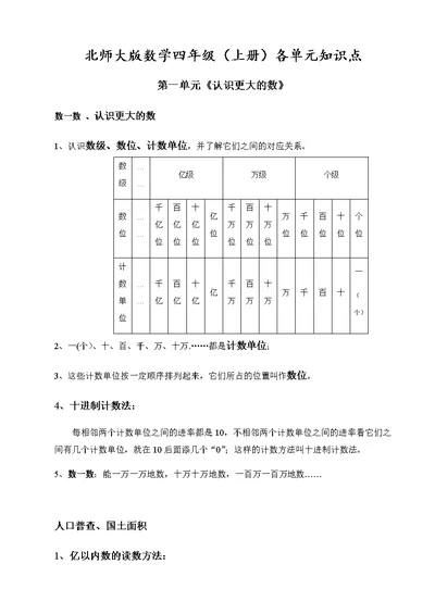 最新北师大版四年级上册知识点总结及配套练习