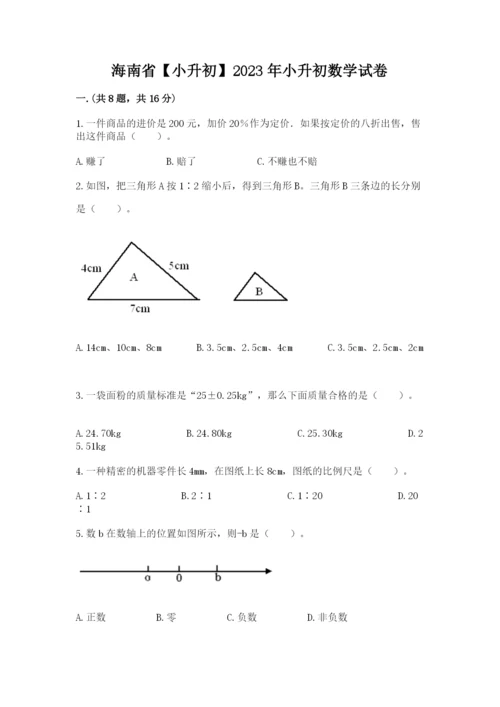 海南省【小升初】2023年小升初数学试卷含答案（轻巧夺冠）.docx